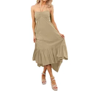 Vestido largo sin mangas con cuello halter fruncido y volantes en kaki vista principal