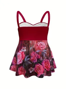 Damen Blütendruck Tanktop mit Doppelträgern und ausgestelltem Saum für den Sommer.