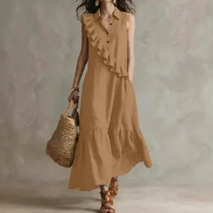 Vintage sleeveless lapel midi dress with stylish ruffle design for women, elegant commuter wear.