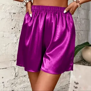 Pantalones Cortos Casuales de Satén Cintura Elástica Mujer Moda Sedoso Suelto Verano