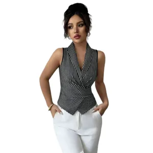Black and white striped sleeveless vest with suit lapel and asymmetric hem for women.