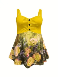 Damen blumiges Druck Cami Top gelb gruen Vintage Stil Sommer Mode Bekleidung Detailansicht Ansicht