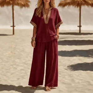 Women two piece outfit V-neck short sleeve top wide leg pants casual beach set
