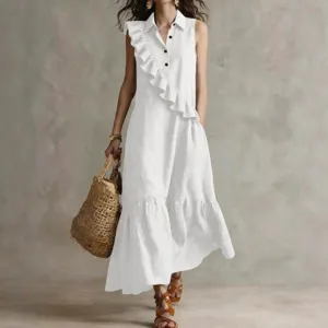 Vintage white sleeveless lapel ruffle long dress for women elegant commuting daily wear