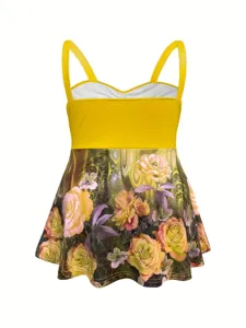 Damen Blumenmuster Tankini Oberteil Sommer Strandmode ärmellos gelb camisole top