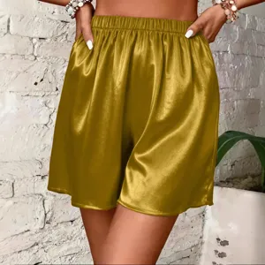 Mujer satén pantalones cortos casual cintura alta elástica brillante ropa de verano