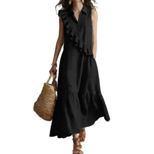 Women black sleeveless lapel ruffle maxi dress, elegant vintage commuter long dress.