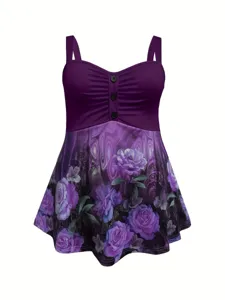 Damen Übergröße lila Blumen Druck Trägershirt Tankini Oberteil Sommer Strandbekleidung