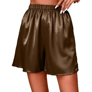 Mujer Satén Cintura Elástica Suelto Casual Shorts Marrón Verano Playa Moda Elegante