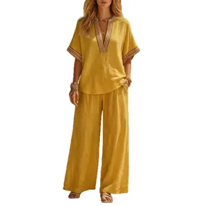 Women yellow linen casual two piece set short sleeve v neck top wide leg pants summer