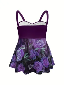 Detailansicht des Damen Tanktops mit violettem Blumenmuster, feine Träger Detail.