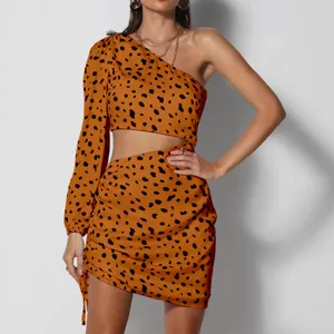 Sexy one-shoulder leopard print cutout long sleeve bodycon dress for women clubwear.