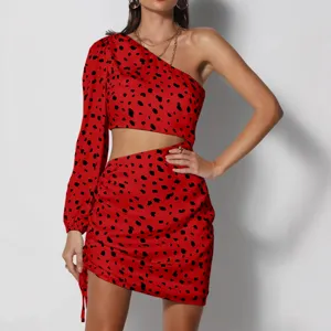 Red animal print one shoulder long sleeve cutout ruched bodycon mini dress for sexy party