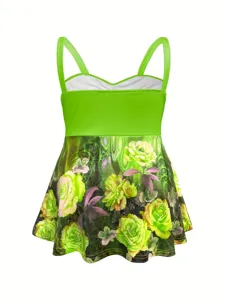 Damen gruenes Blumen Top sommer Spaghetti Traeger Print Cami Oberteil Uebergroesse