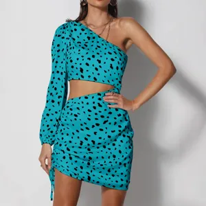 Stunning one shoulder long sleeve dalmatian print cutout bodycon mini party dress for women