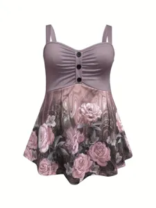 Detailansicht des floral bedruckten Damen Oversize Trägershirts mit vorderer Knopfleiste.