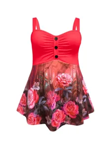 Rotes Knopfdetail vorne und lebendiger Blumen-Print im unteren Bereich des stylischen Sommer-Tops.