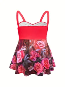 Damen Sommer Blumenmuster Spaghettiträger Tankini Oberteil Rot Übergröße Badebekleidung