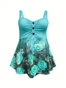 Damen Übergröße Blumen Trägershirt Sommer Türkis lässiges Tankini Oberteil Detail