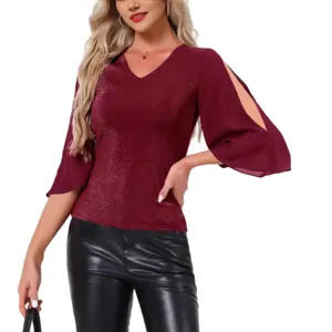 Damen Casual V-Ausschnitt 3/4-Arm Top Glänzendes Patchwork Eleganter Pendler Regular Fit Pullover Bluse Hemd