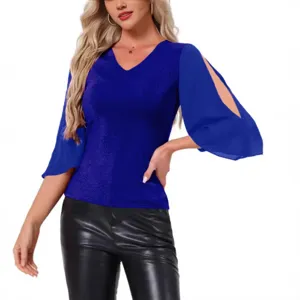 Damen Königsblau V-Ausschnitt Kalte Schulter Chiffon Spleiß Top Freizeitmode Bluse