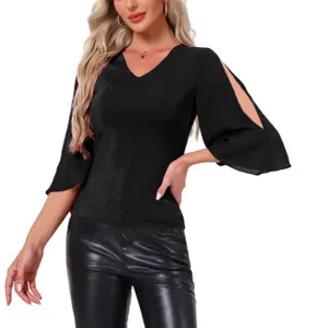 Damen schwarzes V-Ausschnitt 3/4 Arm Oberteil glänzendes Patchwork modische lässige Bluse
