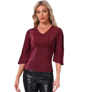 Damen V-Ausschnitt 3/4 Arm Glänzend Patchwork Freizeit Oberteil Elegante Mode Pullover