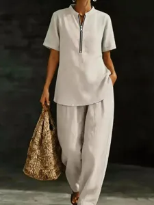Conjunto De Dos Piezas Casual De Mujer Top Manga Corta Y Pantalón Largo Primavera