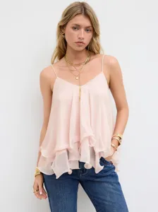 Dames casual elegante stijlvolle gelaagde mesh camisole zomer spaghettibandjes roze top