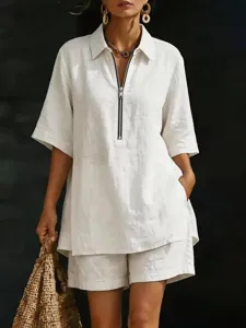 Detail view of the casual linen short-sleeve shirt and shorts matching set, showing texture.