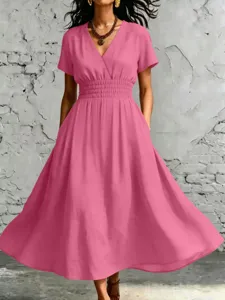 Abito midi estivo casual tinta unita scollo a V maniche corte vita smock da donna