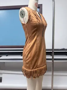 Vintage Western Stil Wildleder Fransen ärmelloses Kleid mit Frontreißverschluss schickes Minikleid