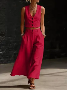 Elegante set donna gilet corto scollo V e pantaloni larghi, completo casual alla moda