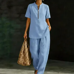 Conjunto de Dos Piezas Casual de Color Sólido para Mujer Manga Corta Cuello Cisne Top con Cremallera y Pantalones Largos