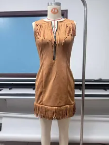 Wildleder Fransen Kleid Detail, ärmellos Frontreißverschluss schick Western Stil