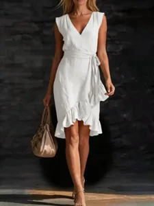 Summer elegant V-neck sleeveless tie waist ruffle irregular hem white midi dress.