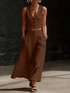 Donna elegante set casual due pezzi gilet corto scollo V marrone e pantaloni gamba larga