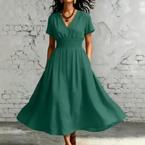 Abito midi estivo tinta unita scollo V maniche corte vita elastica donna elegante