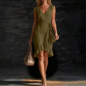 Summer elegant V-neck sleeveless wrap dress with tie waist and irregular ruffle hem.
