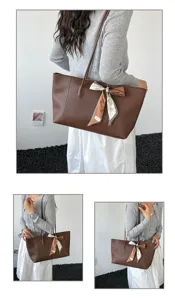 Grande borsa shopper in pelle marrone da donna, borsa a spalla minimalista con nastro.