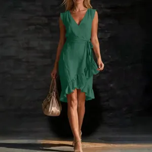 Elegant summer V-neck sleeveless wrap dress with ruffles and waist tie for women main view