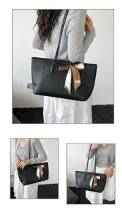 Vista dettagliata della borsa tote nera da donna con foulard elegante per uso quotidiano.