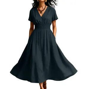 Abito estivo da donna tinta unita scollo a V maniche corte vita elastica elegante nuovo