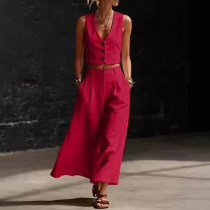 Top e Parte Inferiore di Gilet con Scollo a V e Pantaloni a Gamba Larga Casual da Donna Poliestere Senza Maniche Crop Top Pantaloni Lunghi