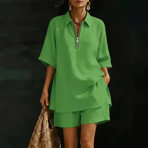 Women summer casual green short sleeve zip polo shirt and loose shorts two piece set