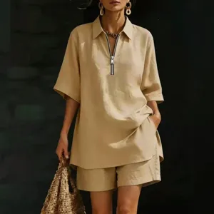Women Summer Casual Linen Style Short Sleeve Zip Shirt and Matching Shorts Two Piece Set