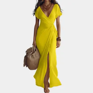 Élégante robe longue maxi en mousseline jaune col V fendue, robe de soirée d'été chic.