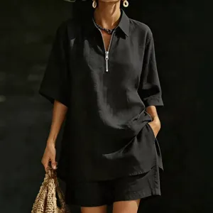 Women short sleeve zipper shirt and shorts two piece set casual summer outfit main view