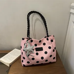 Borsa Tote da Donna a Pois di Grande Capacità in Tela alla Moda da Pendolare a Tracolla Versatile con Ciondolo a Stella