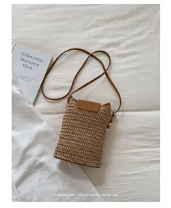Bolso cruzado de paja retro para mujer, elegante mini bolso cubo con cuero PU en contraste.